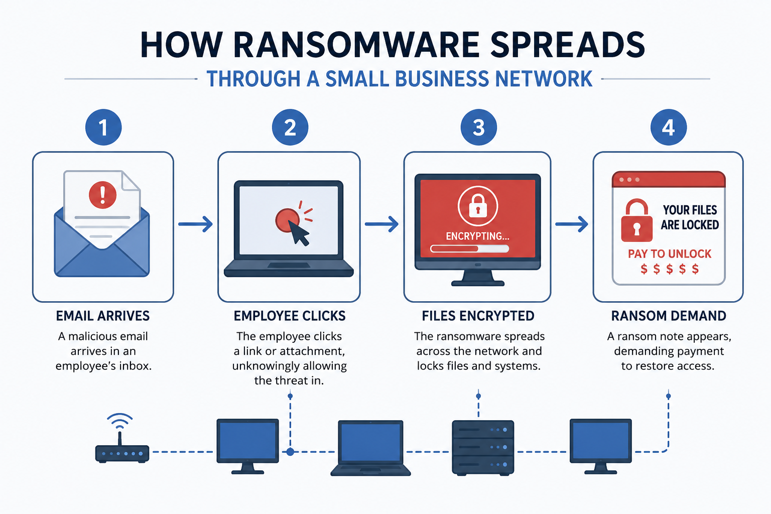 How ransomware spreads through a small business network