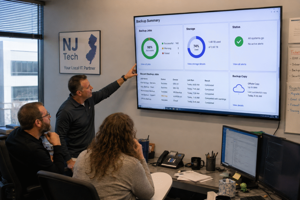 Managed IT team monitoring small business backup status in New Jersey