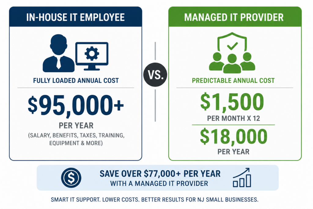 How to Outsource Your IT: A Plain-English Guide for NJ Small Businesses 2 Cost comparison of in-house IT employee vs managed IT provider for NJ small business