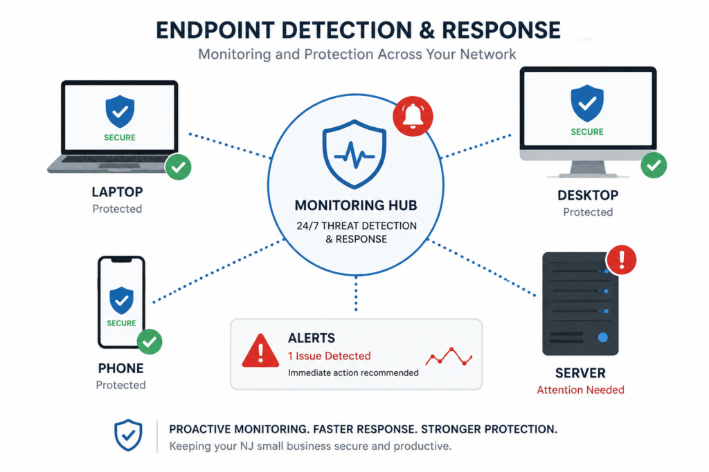 Endpoint detection and response monitoring across NJ small business network devices