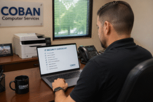 Small business owner at desk in Bergen County NJ reviewing IT security checklist on laptop