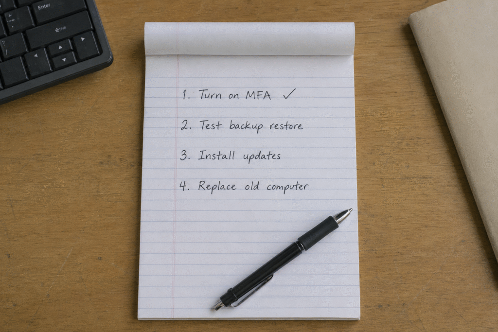 Handwritten list of IT fixes prioritized by a small business owner.