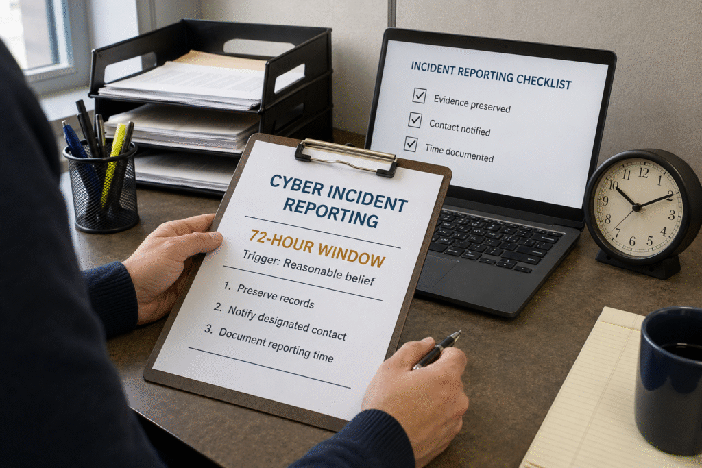 Municipal staff member reviewing cyber incident reporting requirements