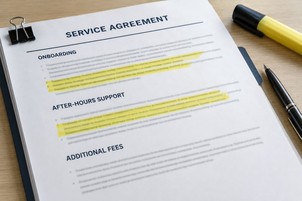 Contract page with onboarding and after-hours terms highlighted