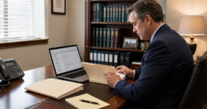 IT support for law firms in New Jersey, attorney working with client files.