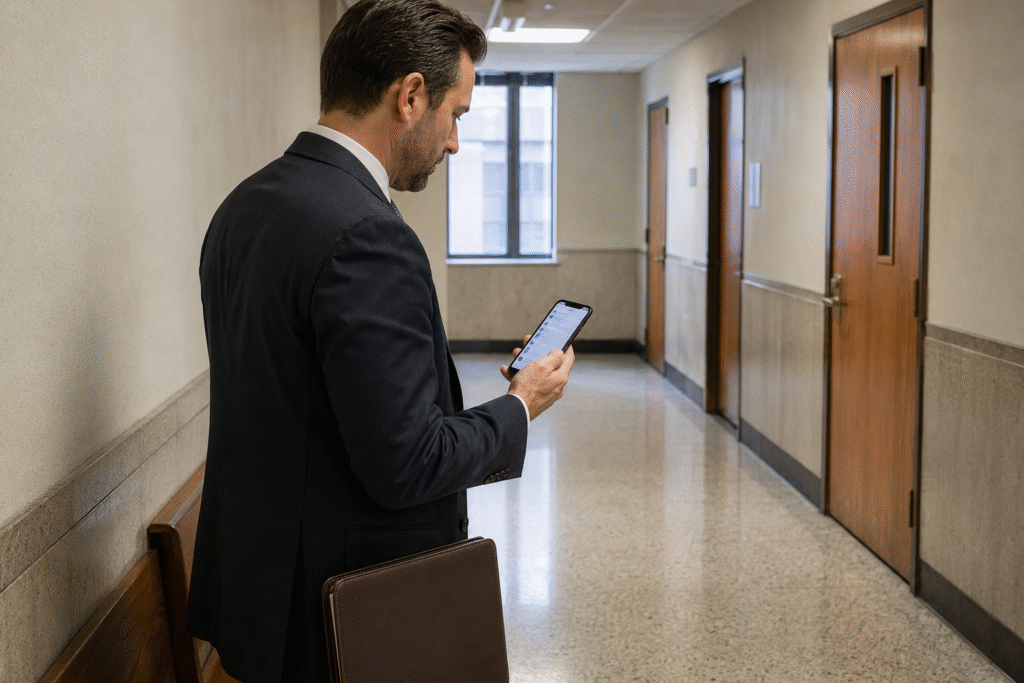 Attorney reading firm email on a phone outside the office