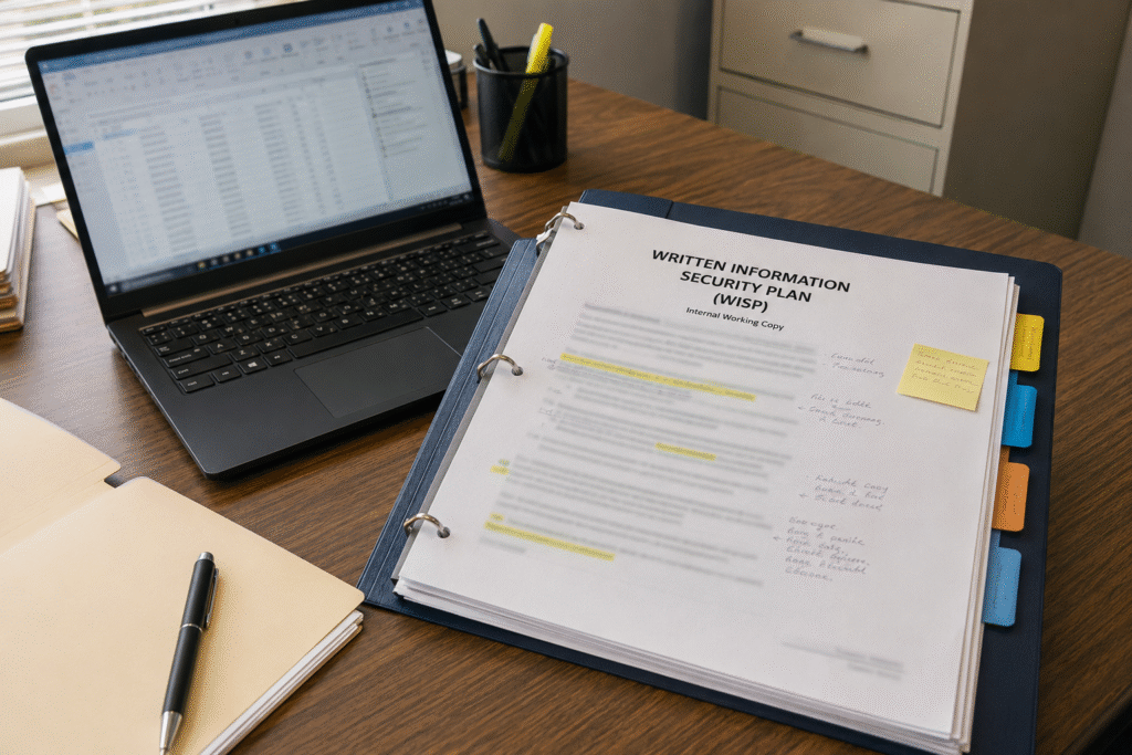 Written information security plan on a desk at a New Jersey accounting firm