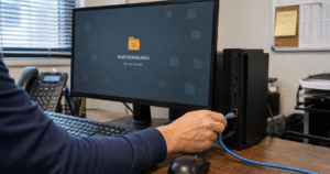 Ransomware response plan being followed at a small business workstation during an incident
