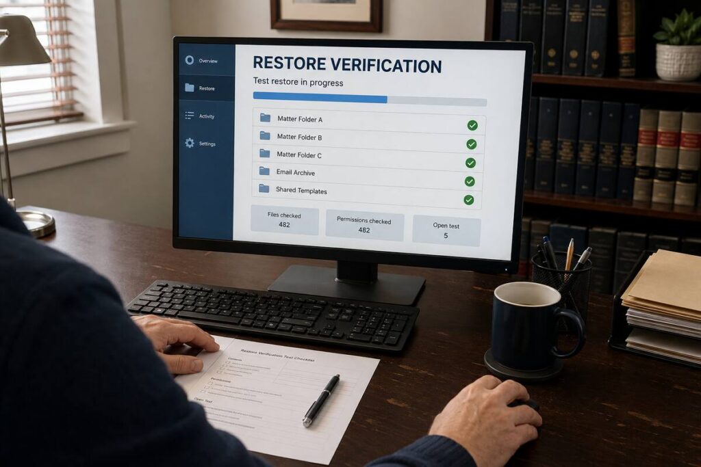 Document management system backup being verified in a law office