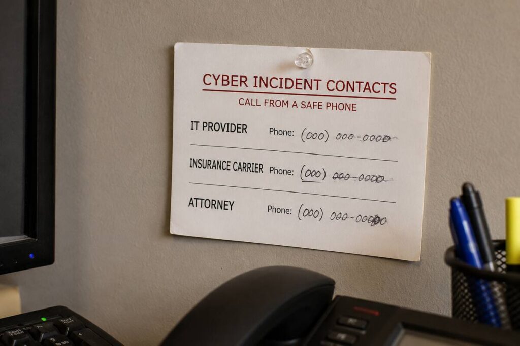 Printed incident response card listing IT provider, insurance carrier, and attorney contacts