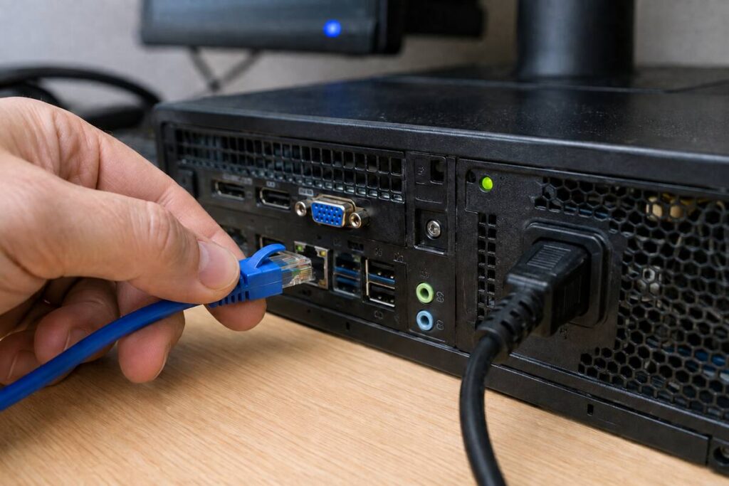 Network cable being unplugged from a workstation during ransomware containment